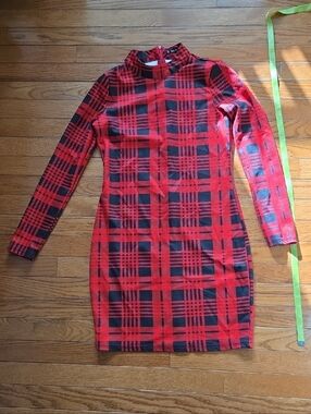 SHEIN Red and Black Plaid Long-Sleeve Bodycon Dress